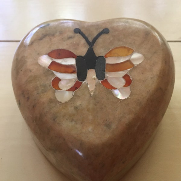 Vintage Crowning Touch Collection Heart Shaped Carved Marble Trinket Box/Inlaid Butterfly/Mother of Pearl