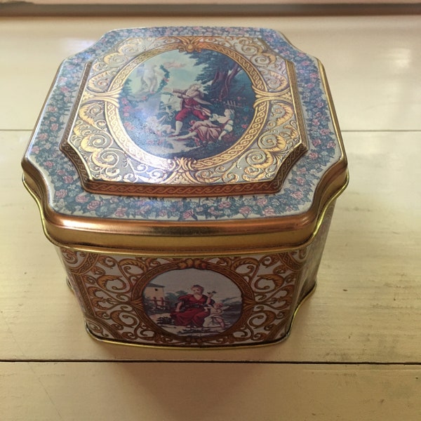 Vintage Meister Pictorial Octagon Tin Box/Floral Biscuit Tin/Storage Canister/Made In Brazil