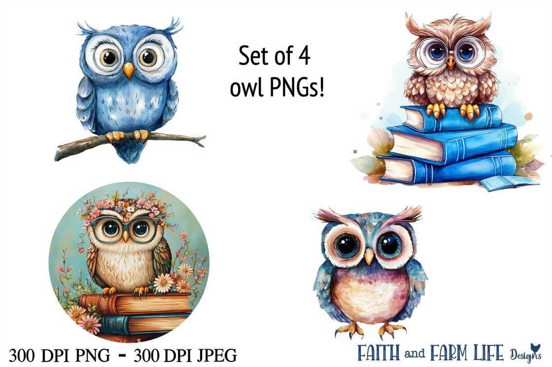 Watercolor Owls, Sublimation or Clipart, Books with Flowers