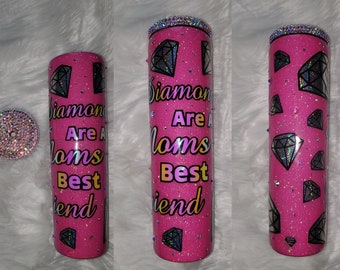 MECHIES CUSTOM BLING: Glitz n Bling 35 oz Pink Glitter Holographic Falling Diamonds Stainless Steel Tumbler + Quote