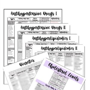 Pode incluir: Um conjunto de guias de estudo imprimíveis em preto e branco para estudantes de medicina. Os guias cobrem os medicamentos anti-hipertensivos, os anti-hiperlipidêmicos, os diuréticos e os níveis de colesterol. Os guias incluem tabelas com informações sobre os tipos, as ações, as reações adversas, as contraindicações e as instruções.