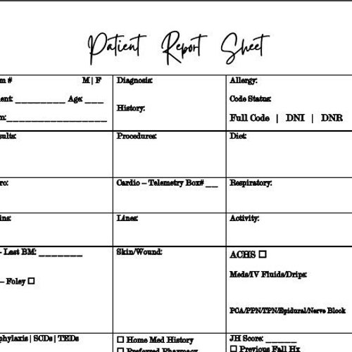 Nurse Patient Report Sheet One Patient Etsy Canada