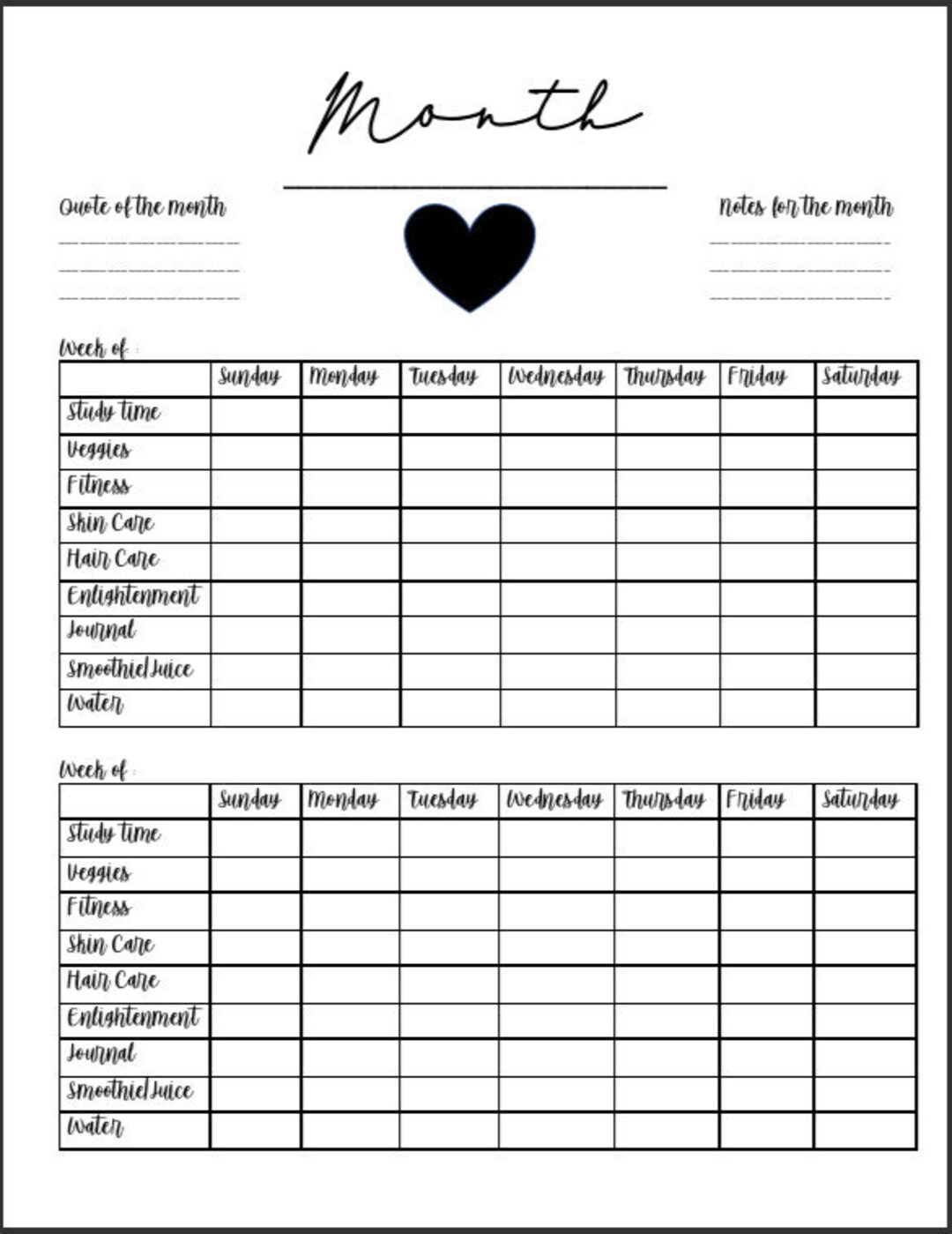 Monthly Wellness Planner printable Etsy