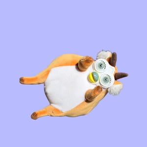 Puede incluir: Un peluche con forma de criatura, visto desde arriba, sobre un fondo morado claro. El juguete es principalmente naranja y blanco, con detalles marrones y ojos grandes y estilizados. Los ojos son una mezcla de blanco, verde y amarillo.