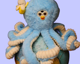 Handmade Long Furby Octopus Plush: Blue Oddbody with Banana