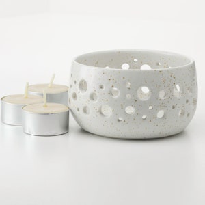 Tea light candle holder, white ceramic hand made tealight holder, stoneware pottery incense cone holder, natural bees wax candles available