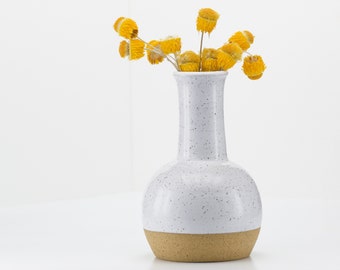 Vase, hand thrown ceramic stoneware white on speckled buf, flower stem, bud vase