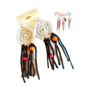 Black and gray handmade crochet earrings with pink and orange wooden beads