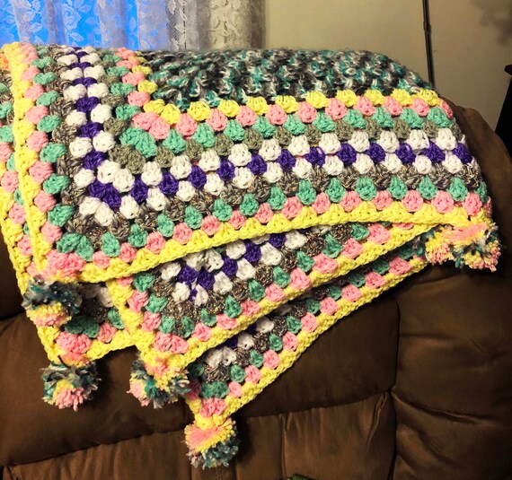 Crochet Granny Square Lap Blanket With Pom Poms Etsy Australia