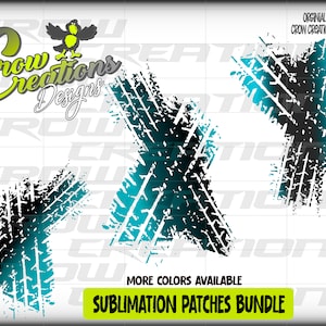 May include: A set of three sublimation patches featuring a tire tread design in black and blue with a white background. The patches are arranged in a diagonal pattern. The text "Sublimation Patches Bundle" is at the bottom of the image.