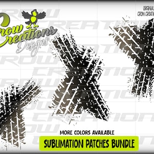Puede incluir: Diseño gráfico con marcas de huellas de neumáticos negras en forma de cruz. La imagen incluye el texto "Crow Creations Designs" y "Sublimation Patches Bundle". Texto adicional indica que hay más colores disponibles.