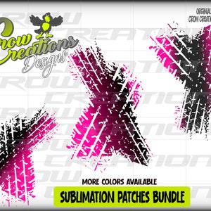 May include: A set of three sublimation patches featuring a pink and black tire tread design. The patches are perfect for adding a unique touch to clothing, bags, or other items.  More colors are available.