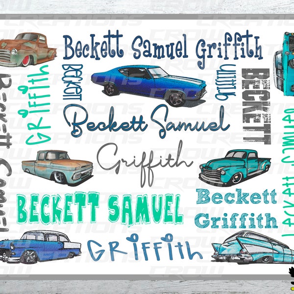 Personalized Baby Name Blanket/Vintage Trucks PNG/Vintage Cars PNG/Keepsake Baby Blanket/Sublimation Baby Blanket PNG/Baby Name Blanket