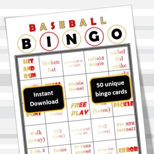 Karty do druku Baseball Bingo, gra towarzyska, do druku w domu, 8,5x11 PDF, 50 kart