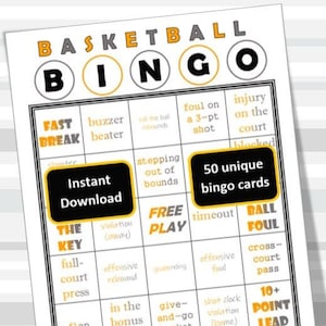 Basketball Bingo druckbare Karten, Partyspiel, Druck zu Hause, 8,5x11 PDF, 50 Karten