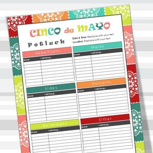 Cinco de Mayo Printable Potluck Sign-Up Sheet, EDITABLE, Microsoft Excel, 8.5x11, Family, Office, Holiday, Fiesta, Instant Download
