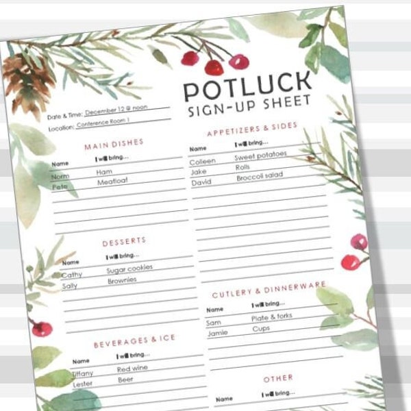 Holiday Greenery Printable Potluck Sign-Up Sheet, 8.5x11 fillable PDF, Office Potluck, Christmas, Instant Download, Print from Home