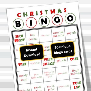 Kerstbingo afdrukbare kaarten, gezelschapsspel, vakantie, thuis afdrukken, 8,5x11 PDF, 50 kaarten