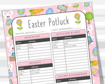 Easter Printable Potluck Sign-Up Sheet, 8.5x11 fillable PDF, Family or Office Potluck, Holiday, Instant Download, Print from home