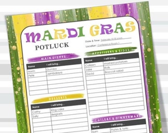 Mardi Gras Printable Potluck Sign-Up Sheet, 8.5x11 fillable PDF, Family or Office Potluck, Holiday, Instant Download, Print from home