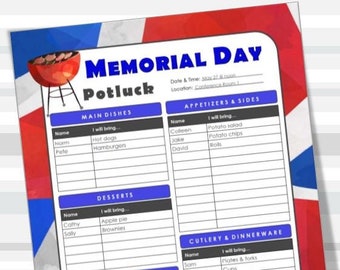 Memorial Day Printable Potluck Sign-Up Sheet, BBQ, 8.5x11 fillable PDF, Family or Office Potluck, Holiday Party