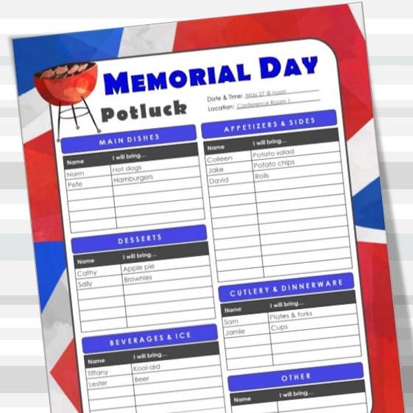 Memorial Day Printable Potluck Sign-Up Sheet, BBQ, 8.5x11 fillable PDF, Family or Office Potluck, Holiday Party