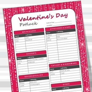Valentine&#39;s Day Printable Potluck Sign-Up Sheet, 8.5x11 fillable PDF, Galentines, Office Potluck, Holiday, Instant Download, Print from Home