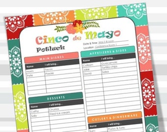 Cinco de Mayo Printable Potluck Sign-Up Sheet, 8.5x11 fillable PDF, Family or Office Potluck, Holiday, Instant Download, Print from home