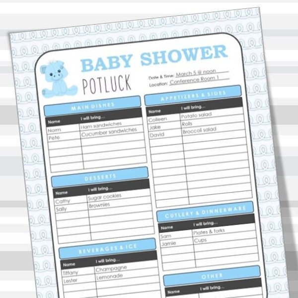 Baby Shower Potluck Sign up Sheet Etsy