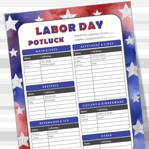Labor Day Printable Potluck Sign-Up Sheet, 8.5x11 fillable PDF, Family or Office Potluck, Holiday
