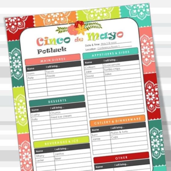 Cinco de Mayo Printable Potluck Sign-Up Sheet, 8.5x11 fillable PDF, Family or Office Potluck, Holiday, Instant Download, Print from home