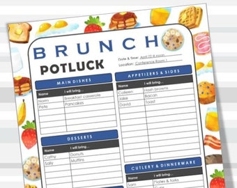 Brunch Printable Potluck Sign-Up Sheet, 8.5x11 fillable PDF, breakfast for dinner, office or family party, instant download, print from home