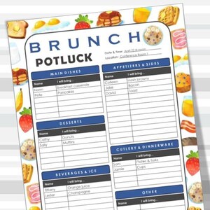 Brunch Printable Potluck Sign-up Sheet, 8.5x11 Fillable PDF, Breakfast ...