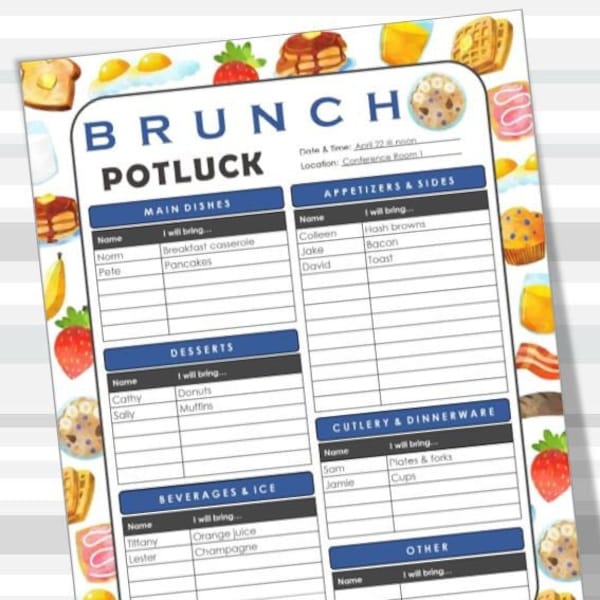 Brunch Printable Potluck Sign-Up Sheet, 8.5x11 fillable PDF, breakfast for dinner, office or family party, instant download, print from home