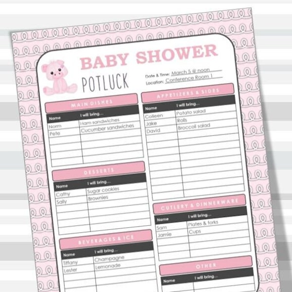 Baby Shower Printable Potluck Sign-Up Sheet, 8.5x11 fillable PDF, pink, office or family party, instant download, print from home