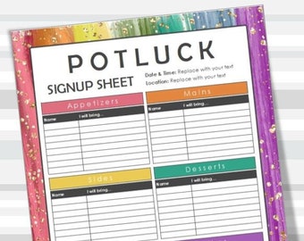 Potluck Sign-Up Sheet, EDITABLE, Printable, Holiday, Retirement, Birthday, Pride month, Office, Graduation, All Occasion, Microsoft Excel