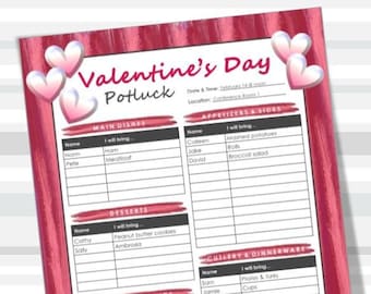 Valentine's Day Printable Potluck Sign-Up Sheet, 8.5x11 fillable PDF, Galentines, Office Potluck, Holiday, Instant Download, Print from Home