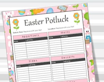 Easter Printable Potluck Sign-Up Sheet, EDITABLE, Microsoft Excel, 8.5x11, Family, Office, Holiday, Instant Download, Spring