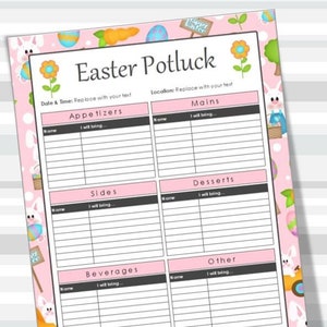 Easter Printable Potluck Sign-Up Sheet, EDITABLE, Microsoft Excel, 8.5x11, Family, Office, Holiday, Instant Download, Spring image 1