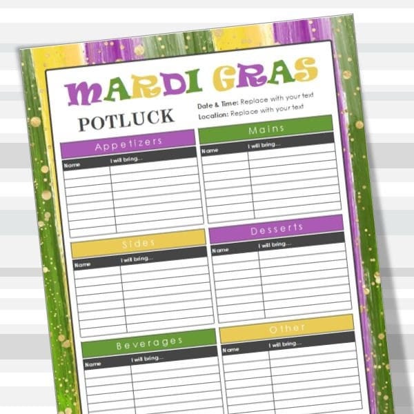 Mardi Gras Printable Potluck Sign-Up Sheet, EDITABLE, Microsoft Excel, 8.5x11, Family, Office, Holiday, Fat Tuesdy, Instant Download