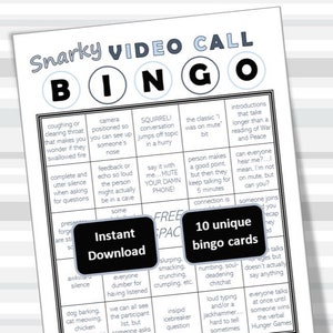 Snarky Video Call Bingo printable cards, video conference, conference call, work meeting, print at home, 8.5x11 PDF, 10 cards