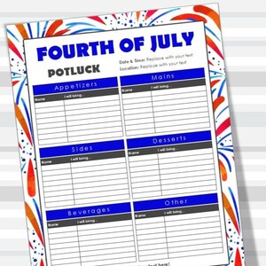 Fourth of July Printable Potluck Sign-Up Sheet, EDITABLE, Microsoft Excel, July 4th, Independence Day, 8.5x11, Family, Office Potluck