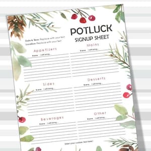 Peut inclure: Feuille de signature pour un potluck imprimable avec un design aquarelle représentant des feuilles vertes, des branches de pin et des baies rouges. La feuille est divisée en sections pour les amuse-gueules, les plats principaux, les accompagnements, les desserts, les boissons et autres. Elle comprend le texte "Potluck Signup Sheet" et "Editable ~ 8.5"x11" ~ Instant Download".