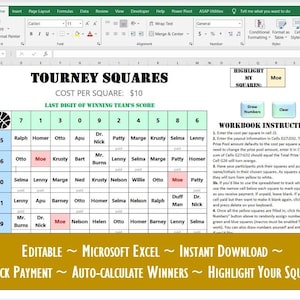 March Bracket Madness, Tourney Squares Excel template, Automatic Scoring, Editable Bracket Alternative, College Basketball Tournament