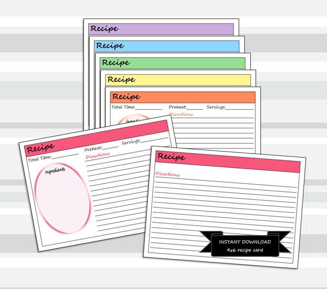 Colorful 4x6 Printable Recipe Card Template, Front and Back, 2-sided ...