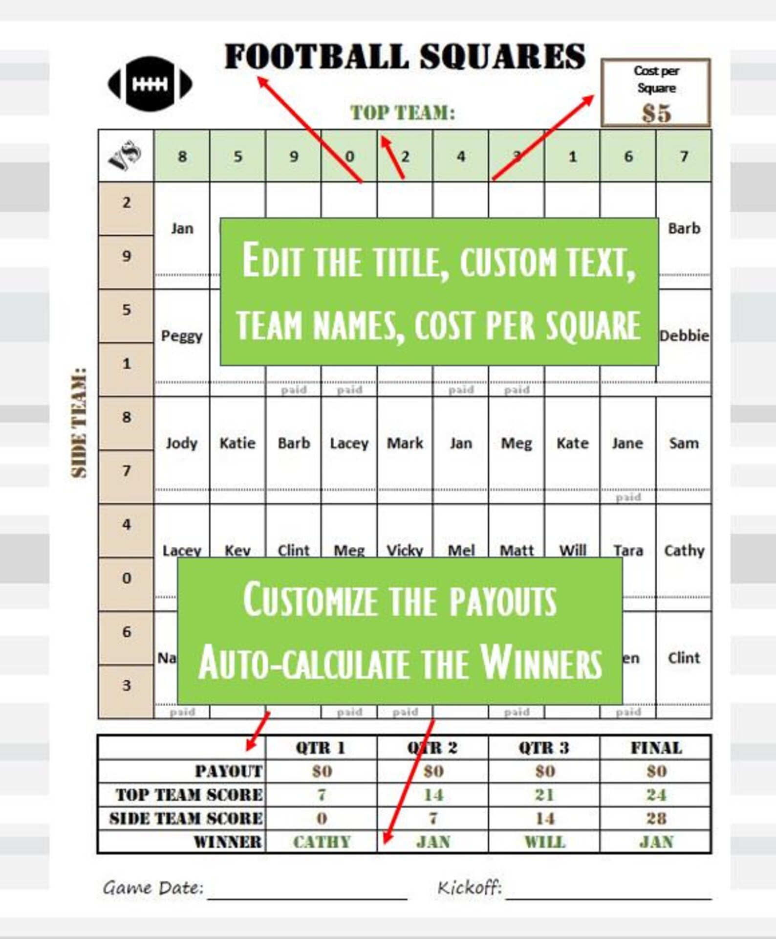 50 Square Football Squares Excel Template, Reusable, Editable, Auto