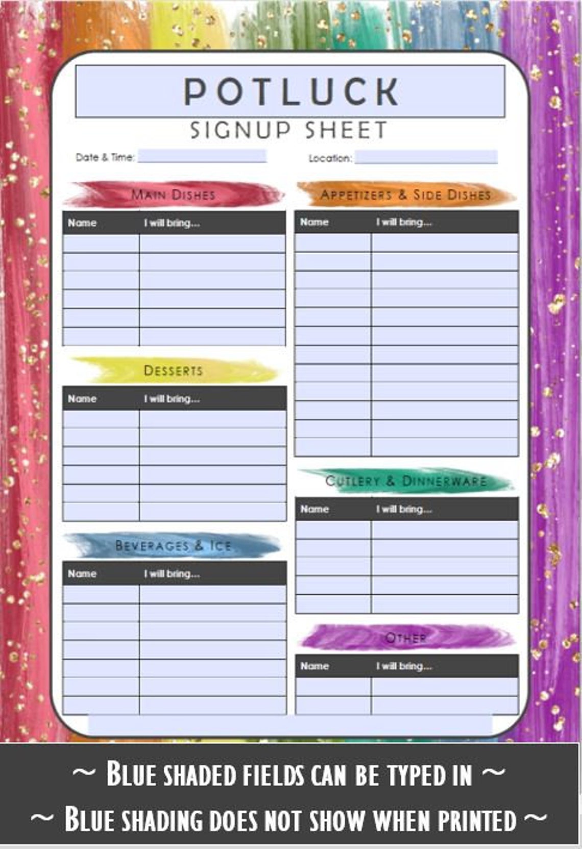 Editable Printable Potluck Sign Up Sheet