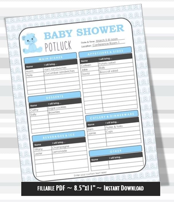 Baby Shower Printable Potluck Signup Sheet, 8.5x11 Fillable PDF, Blue