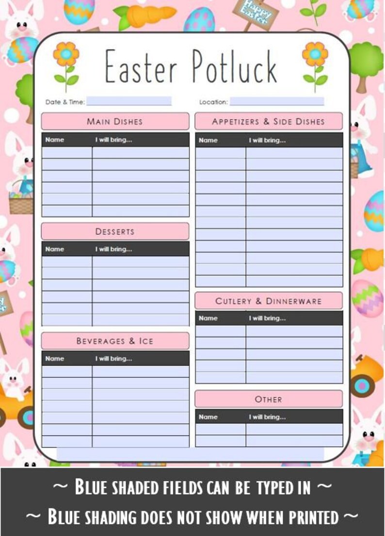 Easter Printable Potluck Sign Up Sheet 8 5x11 Fillable PDF Etsy 