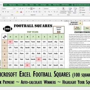 May include: A Microsoft Excel spreadsheet for a football squares game. The spreadsheet has a green and brown grid with names in each square. The cost per square is $0. Instructions for playing the game are listed on the right side of the spreadsheet.